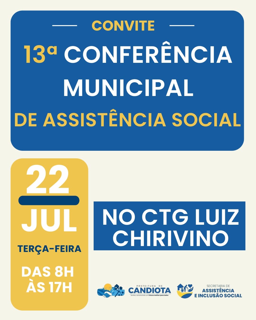 Imagem de capa da notícia: Prefeitura de Candiota e Secretaria de Assistência e Inclusão Social convidam para a 13ª Conferência Municipal